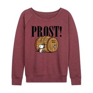 Women's - Peanuts - Prost Snoopy Root Beer Lightweight French Terry Wide Neck Long Sleeve Shirt - 1 of 4