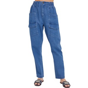Slickblue Women's Denim Jogger Pants, Elastic Waist, Slouchy Fit, Cargo Style with Pockets, Blue, Size S-L - 1 of 4