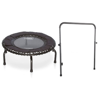 JumpSport 250 Indoor Home Cardio Fitness Rebounder Durable Bounce Exercise Mini Trampoline with Handle Bar Accessory, Premium Bungees and Workout DVD