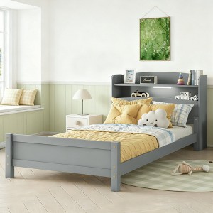 Luxystar Twin Wood Bed with Bookcase Headboard ,LED Motion Sensor Light and Adjustable Guardrails - 1 of 4