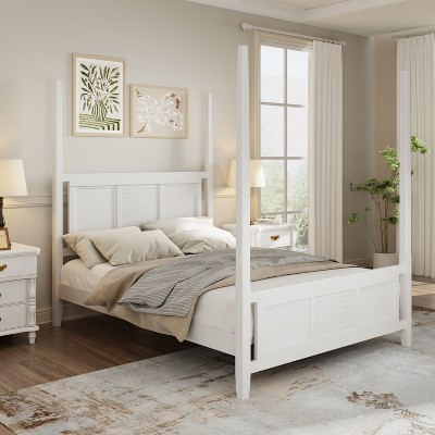 Queen/King Size Vintage Pinewood Platform Bed Frame, Traditional Style Four Poster Bed with Horizontal Grille Design - ModernLuxe