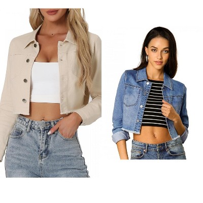 INSPIRE CHIC Women's Turn Down Frayed Button Down Washed Cropped Denim Jacket 2 Packs