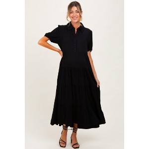 Pinkblush Black Collared Button Down Tiered Maternity Midi Dress - 1 of 3