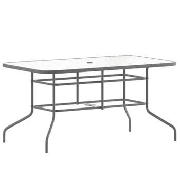 Emma and Oliver 31.5" x 55" Rectangular Tempered Glass Metal Table with Umbrella Hole