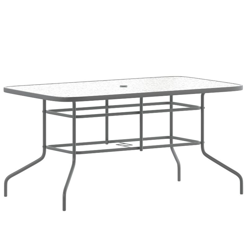 Emma and Oliver 31.5" x 55" Rectangular Tempered Glass Metal Table with Umbrella Hole, 1 of 11