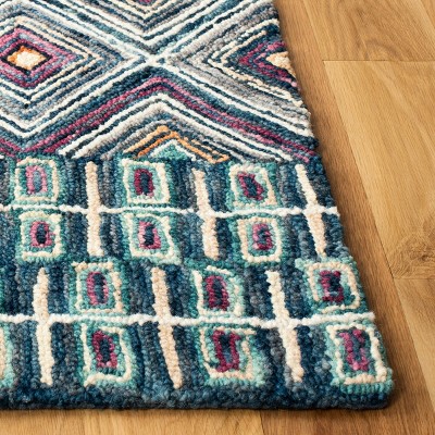 Geometric Blue & Red Handmade Wool Runner Rug - 27in x 7in