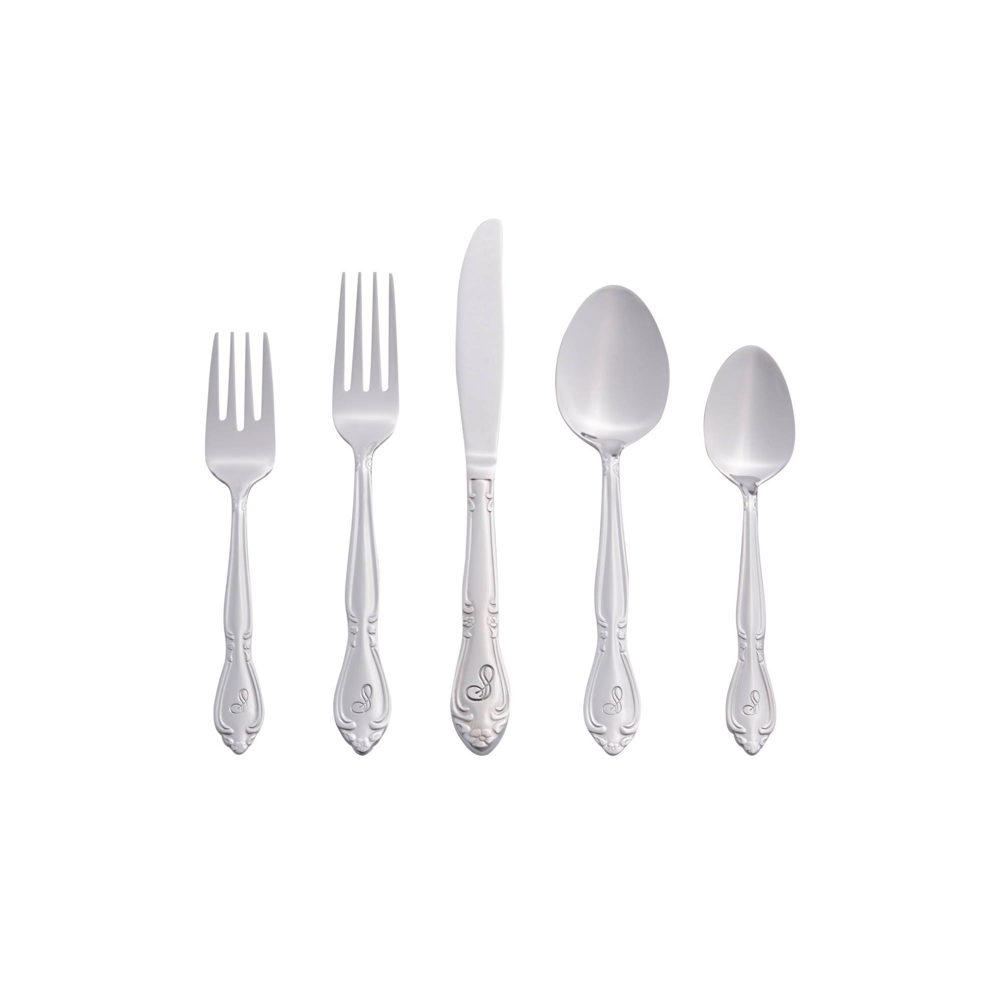 RiverRidge Rose Flatware 46pc Monogrammed Stainless Steel Silverware Set for 8 - S