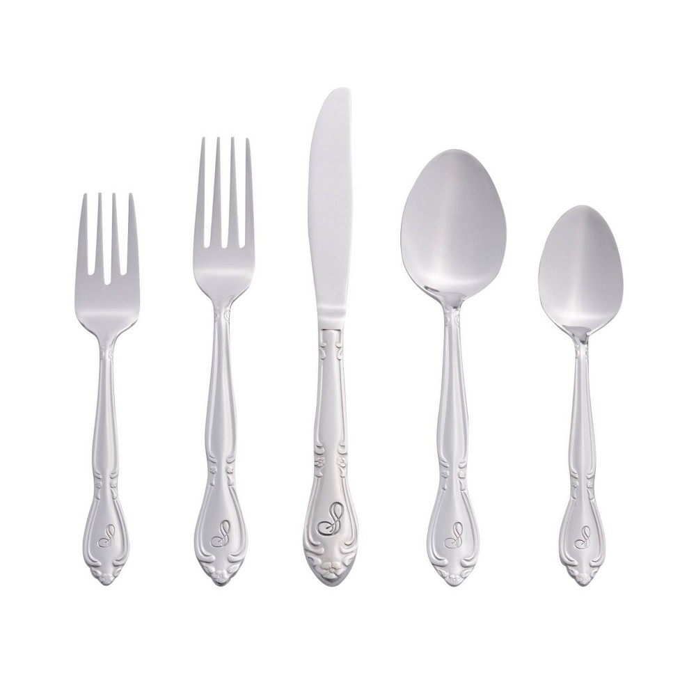 RiverRidge 46pc Personalized Rose Pattern Silverware Set S Impress family and dinner guests with this RiverRidge 46pc Monogram Rose Silverware Set A-Z. Each piece is permanently stamped with the letter of your choice. The heavy gauge stainless steel flatware has a polished mirror finish and is durable for daily use. Its traditional shape and flower blossom design will coordinate with any table setting. These pieces make a great gift for weddings or holidays. Color: One Color.