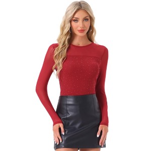 Allegra K Women's Shiny Glitter Round Neck Long Sleeve Sparky Mesh Blouse - 1 of 4