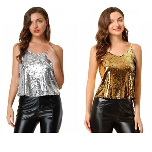 Allegra K Women's Sequined Shining Adjustable Straps Party Sparkle Cami Top 2 Packs - 1 of 4