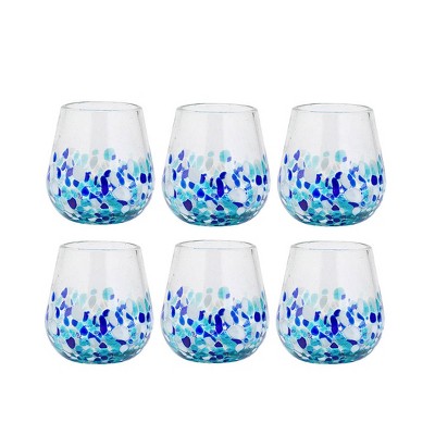 Amici Home Authentic Mexican Handmade Bahia Stemless Wine Glass, 16oz, Assorted Set of 6