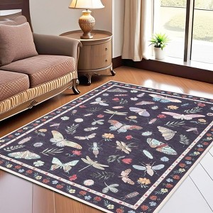 Modern Insect Floral Area Rug for Living Room, Machine Washable Carpet Non Slip Doormat, Low Pile Large Stain Resistant Floor Carpet - 1 of 4