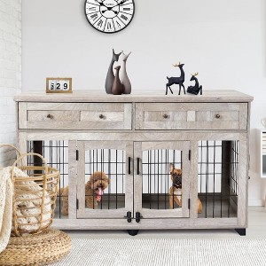 58" Wooden Dog Crate Furniture with Openable Partition, 2 Drawers, 5-Doors, 2 Rooms and TV Stand Function, Ideal for Indoor Use (Grey) - 1 of 4