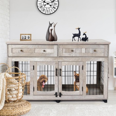 58 Wooden Dog Crate Furniture with Openable Partition 2 Drawers 5 Doors 2 Rooms and TV Stand Function Ideal for Indoor Use Grey