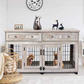 58" Wooden Dog Crate Furniture with Openable Partition, 2 Drawers, 5-Doors, 2 Rooms and TV Stand Function, Ideal for Indoor Use (Grey)