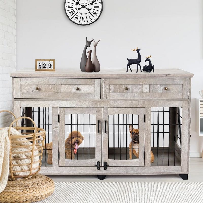 58" Wooden Dog Crate Furniture with Openable Partition, 2 Drawers, 5-Doors, 2 Rooms and TV Stand Function, Ideal for Indoor Use (Grey), 1 of 7