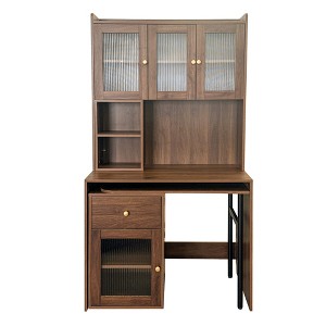 Gulches Computer Desk with Glass Door Home Office Desk 90 Rotating Desktop Bookshelf Hutch 4 Cabinets 1 Drawer 15mm Particle Board Brown - 1 of 4