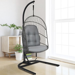 Costway Hanging Wicker Egg Chair w/ Stand Cushion Foldable Outdoor Indoor - 1 of 4