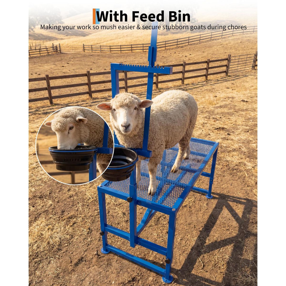 47in Adjustable Metal Goat Stand with Feeder, Heavy Duty 600 lb Capacity for Grooming Shearing and Milking - thumbnail 7