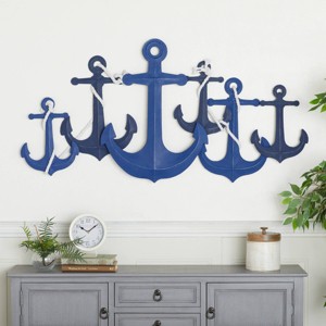Metal Anchor Indoor Outdoor Wall Decor with White Rope Detailing Blue - Olivia & May: Iron Nautical Art, Horizontal Mixed Media - 1 of 4