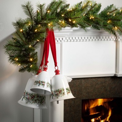 White and Red Metal Christmas Bell Ornament Set, 3 Pieces