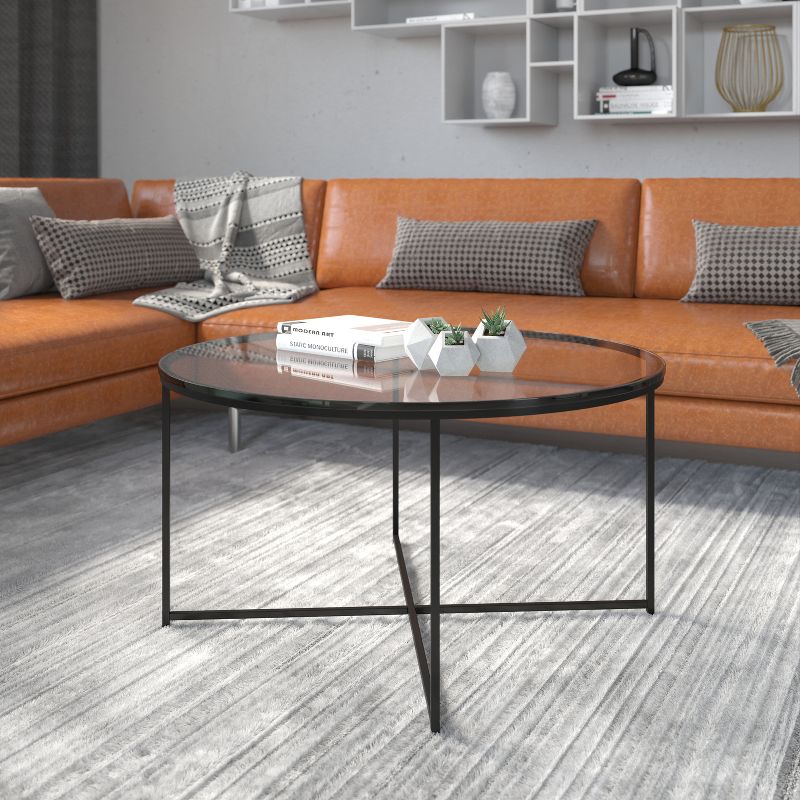Emma and Oliver Glass Living Room Coffee Table with Crisscross Metal Frame, 2 of 10