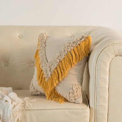 16" Beige and Yellow Handwoven Cotton Throw Pillow Cover with Fringed Design