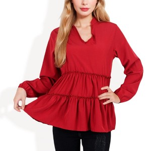 Anna-Kaci Women's Long Sleeve Tiered Babydoll Blouse with V-Neck for Casual Looks - 1 of 4