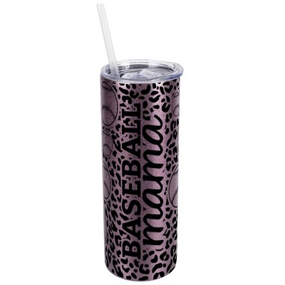 Elanze Designs Leopard Print Rose Gold 20 Ounce Double Wall Stainless Steel Glitter Travel Tumbler With Sliding Lid And Straw, Baseball Mom