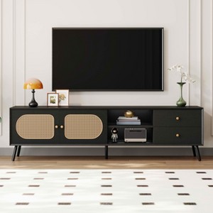 MAYEERTY TV Stand for TVs up to 80 inches, Mid Century Modern Entertainment Center with Rattan Doors, 2 Drawers, Open Shelf, TV Stand fpr Livving Room - 1 of 4