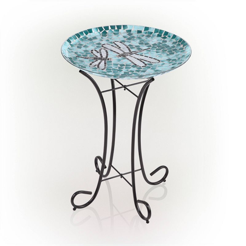 23&#34; Outdoor Mosaic Dragonfly Glass Birdbath Bowl with Metal Stand Turquoise Green - Alpine Corporation, 5 of 9