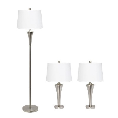 Set of 3 Tapered Lamp Set: Brushed Nickel & White Shades, Lighting Ensemble - Lalia Home