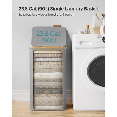 Collapsible Dove Gray Bamboo Laundry Hamper with Lid and Removable Mesh Liner