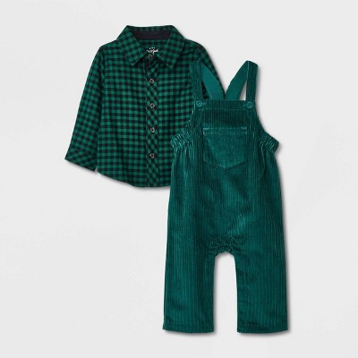 Image of Baby Boys' Corduroy Dungaree Top & Bottom Set - Cat & Jack™ Green 0-3M
