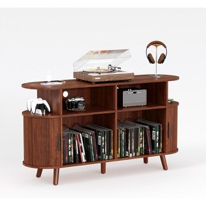 55" Large Round Record Player Stand with Charging Station & USB Ports, Mid-Century Modern Vinyl Turntable Storage Cabinet, for Living Room - 1 of 4
