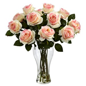 Nearly Natural Blooming Roses with Vase, Light Pink - 1 of 4
