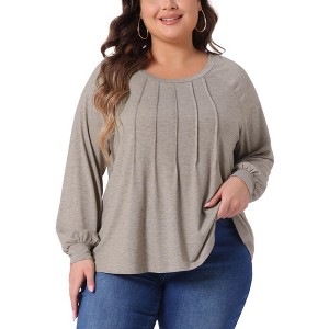 Agnes Orinda Women's Plus Size Pleated Crew Neck Long Sleeve Dressy Casual Trendy Blouses - 1 of 4