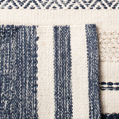 Ivory and Navy Handwoven Wool-Cotton Blend 6' x 9' Kilim Stripe Rug