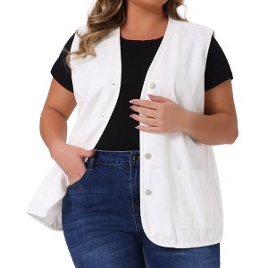 Agnes Orinda Women's Plus Size Sleeveless Denim Button Down V Neck Jean Vest - 1 of 4