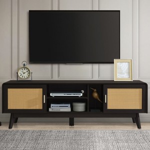 TIRAMISUBEST Mid Century TV Stand 80 Inch Rattan Doors 2 Drawers Open Shelf Woodgrain MDF Solid Wood Legs Soft Close Living Room - 1 of 4