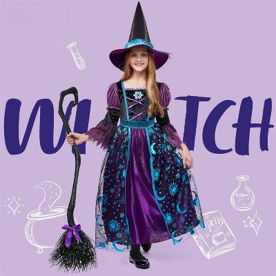 Joyfy Halloween Costume Witch Dress with Broom and Hat for Girls, Kids Moon Shimmer Costume Set for Wizard Role Play Themed Parties