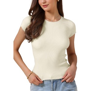 INSPIRE CHIC Women's Crew Collar Casual Office Ribbed Slim Fit Short Sleeves Summer Tops - 1 of 4