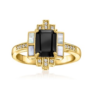 Ross-Simons Onyx and Mother-Of-Pearl Ring With 0.10 ct. t.w. White Topaz in 18kt Gold Over Sterling - 1 of 4