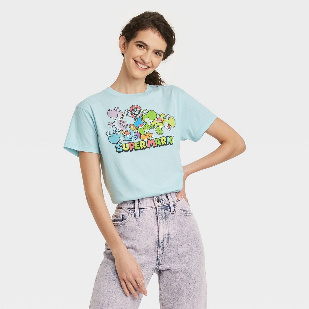 Size XXL Women's Super Mario Short Sleeve Graphic T-Shirt - Blue 