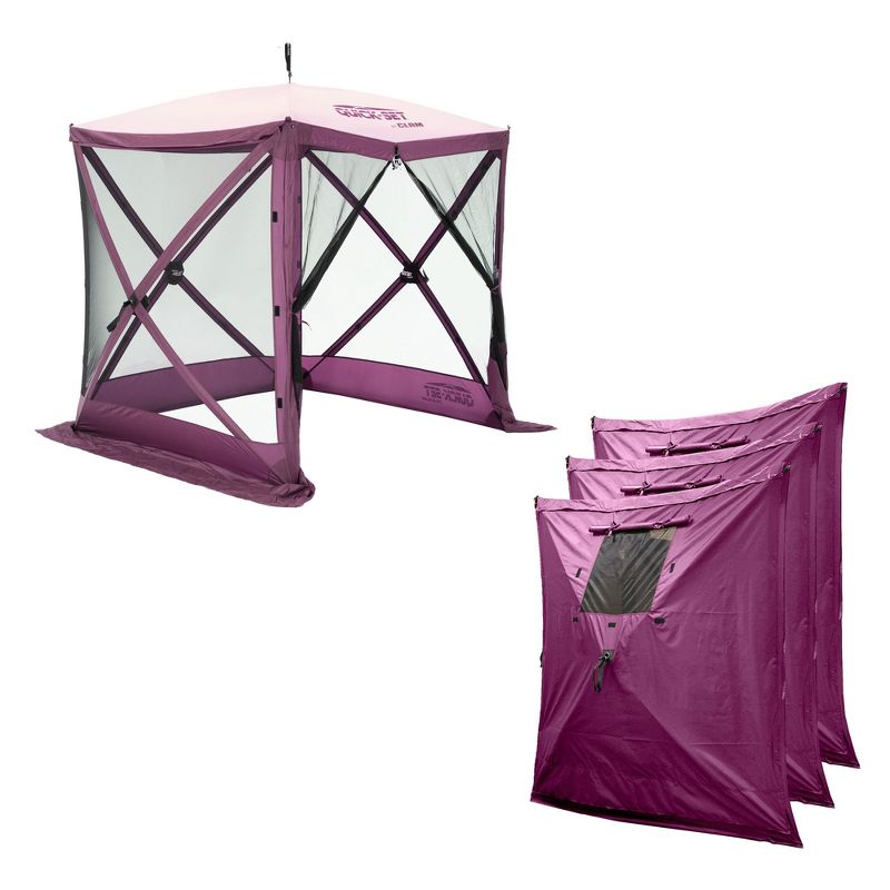 CLAM Quick Set Traveler 6x6 Ft Portable Outdoor 4 Sided Canopy Shelter, Plum + CLAM Quick Set Screen Hub Tent Wind & Sun Panels, Accessory Only, Plum, 1 of 7