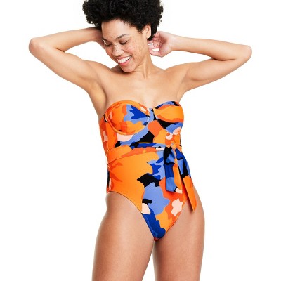 Women&#39;s Floral Print Underwire Tie-Front One Piece Swimsuit - Tabitha Brown for Target Blue/Orange L