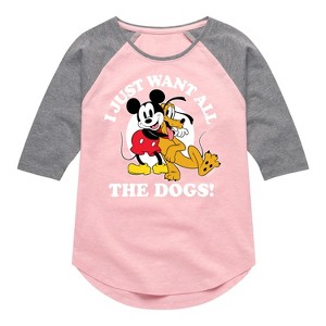 Girls' - Disney - Mickey Pluto Just Want All Dogs Shirt Tail Raglan Graphic T-shirt - 1 of 4