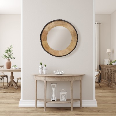 30.5" Round Brown Mango Wood and Glass Wall Mirror