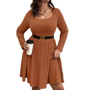 Women's Plus Size Casual Sweater Dress Square Neck Long Lantern Sleeve Tie Waist - 1 of 2