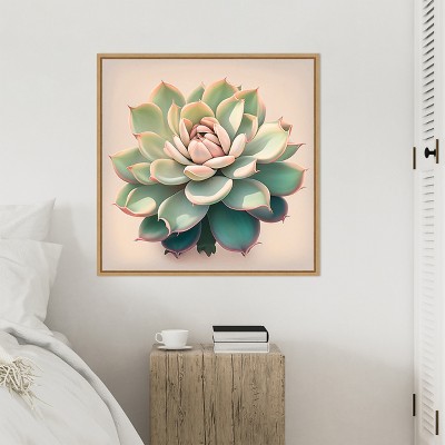 Echeveria Succulent Pastel Canvas Art with Maple Frame